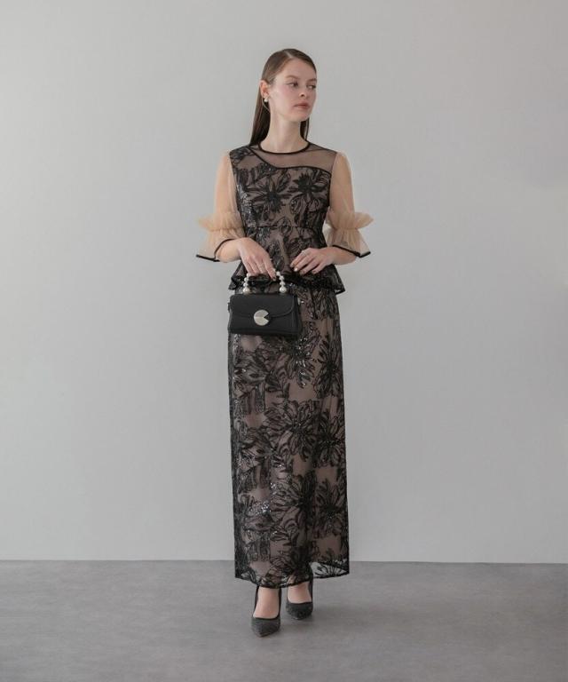 【NEW】レジャ（Leja）/アシンメトリーシアーフラワースパンコールフリルチュール セットアップドレス