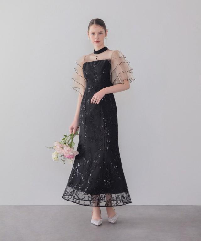レジャ（Leja）/ハイネックパイピングシアーチュールスリーブスパンコールリーフマーメイドワンピースドレス