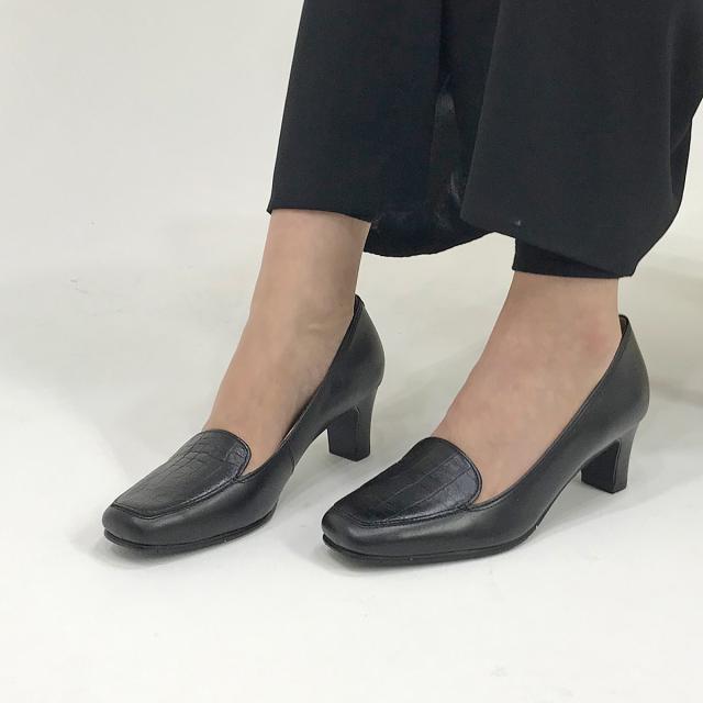 ハスキー（husky Co．Ltd．）/【牛革】型押しレザーコンビ 5．5cmヒールパンプス