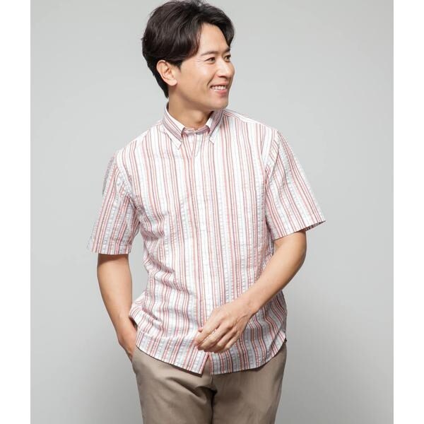 ニューヨーカー（NEWYORKER）/【吸水速乾】パナマサッカー ストライプ 半袖ショートボタンダウンシャ