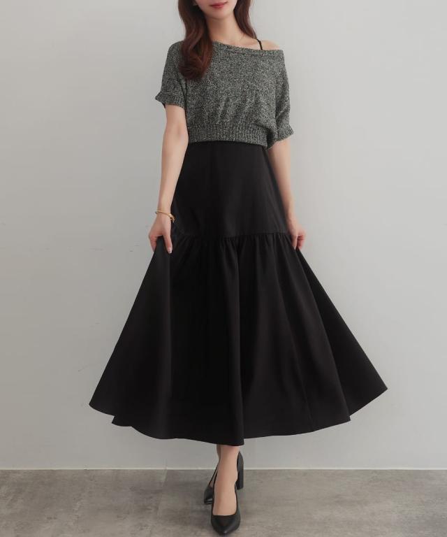 CENEA スパンコールショートニット＋ティアードキャミワンピース set CENEA ワンピース スパンコールショートニット＋ティアード