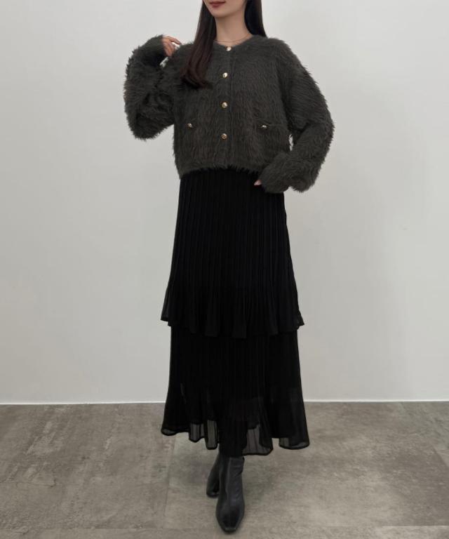 セネア（CENEA）/CENEA　(薄手)金ボタンシャギーニットカーディガン＋プリーツスカートset