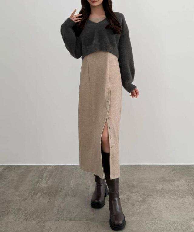 セネア（CENEA）/CENEA　シャギーショートニット＋釦スリットキャミワンピース(裏地なし)set