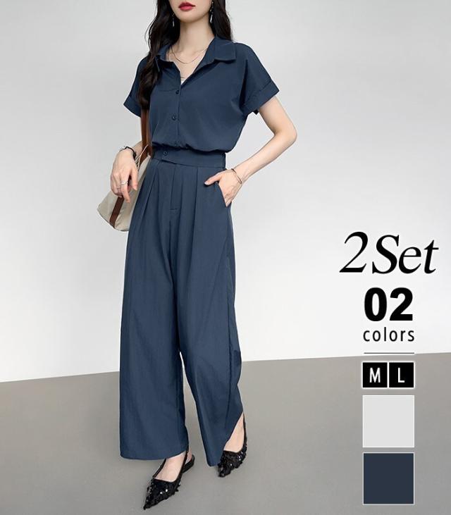 COCOMOMO（COCOMOMO）/セットアップ ワイドパンツセット 半袖シャツ オフィスカジュアル レディース 夏 上下セット