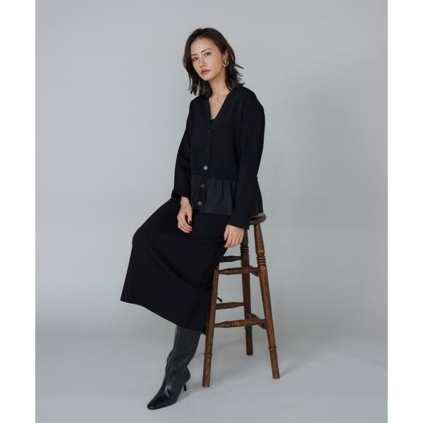 ルスーク（Le Souk）/《大きいサイズ》異素材フリルミラノリブカーディガン