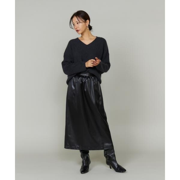 ルスーク（Le Souk）/《大きいサイズ》レザーライクギャザーストレートスカート