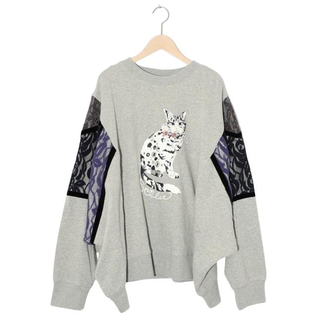 【NEW】スカラー（ScoLar）/ScoLar スカラー ネコ柄ミニ裏毛×起毛レース配色プルオーバー