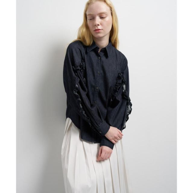 ランバン オン ブルー（LANVIN en Bleu）/ポリエステルウール/デニムフリルブラウス