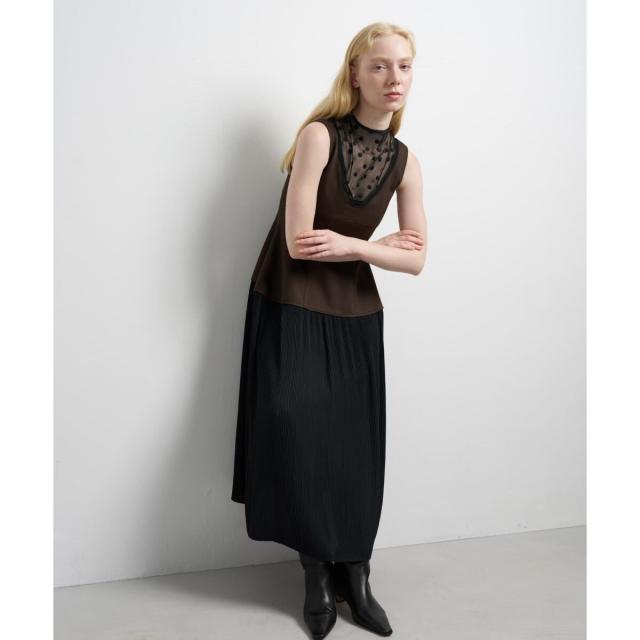 ランバン オン ブルー（LANVIN en Bleu）/プリーツコンビマットサテンワンピース