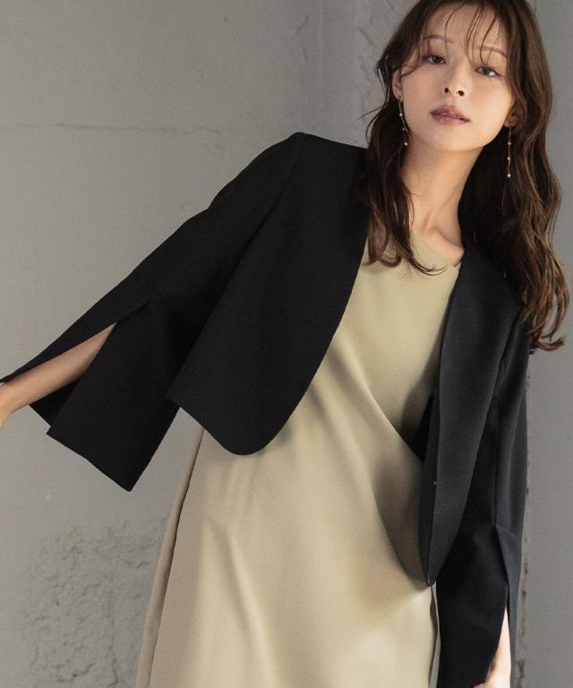 【NEW】フロリア（Flolia）/スリットスリーブノーカラージャケット 秋 ショート丈 フォーマル オフィス セレモニー【洗える】