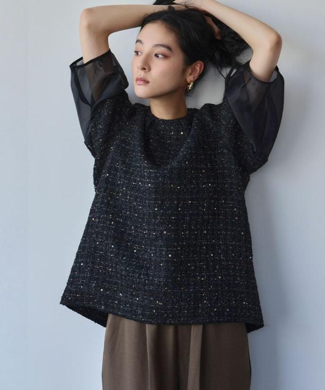 エルフランク（ELFRANK）/シアー切替え ランタンスリーブ ツイード ブラウス