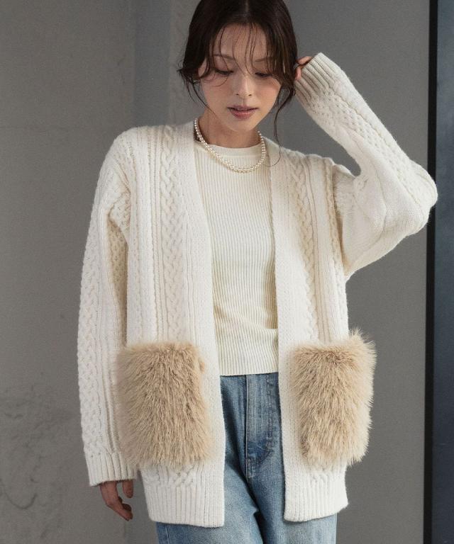 エルフランク（ELFRANK）/ファーポケット ケーブルニットカーディガン