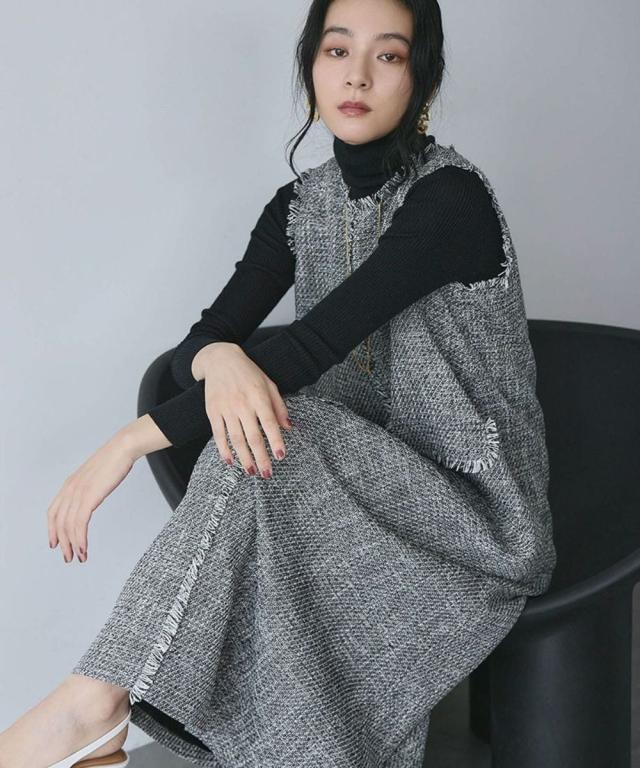 エルフランク（ELFRANK）/ツイード フリンジ ノースリーブ Aライン ロング ワンピース