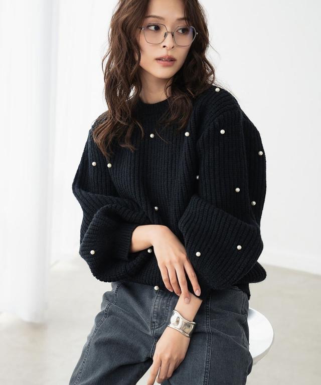 エルフランク（ELFRANK）/パール付き ボリュームスリーブ ニット プルオーバー【洗える】