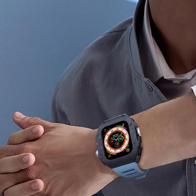 高級 アップルウォッチケース apple watch バンド カバー ラバー 一体型 カーボンファイバー ステンレス ケース メンズ ベルト Ultra ウルトラ 49mm 高級ベルト アップルウォッチ 交換ベルト ケースバンド 装着簡単 おしゃれ 腕時計 ケース 送料無料_1