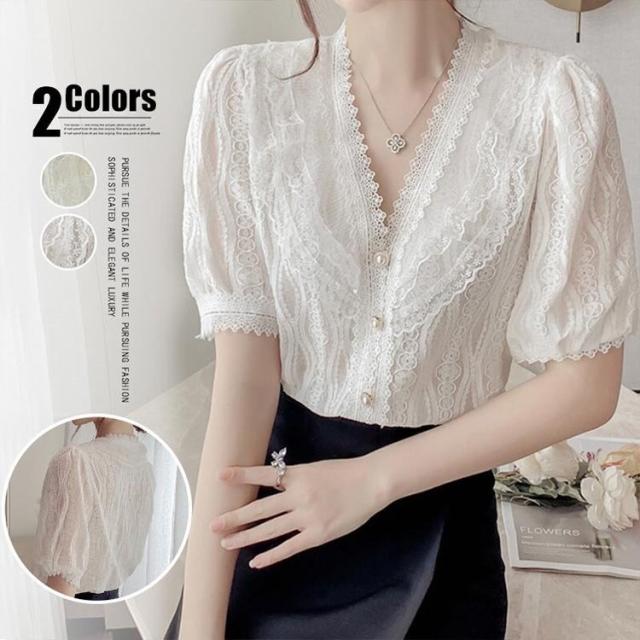 ブラウス レディース 夏新作 おしゃれ 半袖 パフスリーブ レース フリル 透かし彫り シフォンブラウス 韓国chic シャツ Tシャツトップスの通販はau Pay マーケット 佐々木店舗