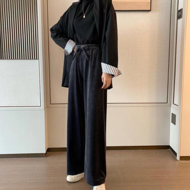 ベルベット　ベロア　ワイドパンツ　バギーパンツ | [WNSM] ベロアパンツ ゆったり ワイドパンツ レディース ベルベット ガウチョパンツ ロングパンツ スウェット パンツ  ルームウェア ウエストゴム カジュアル 着痩せ ボトムス ズボン上品 大人 美脚 足長 (グレー,Ｆ) | ロングパンツ 通販