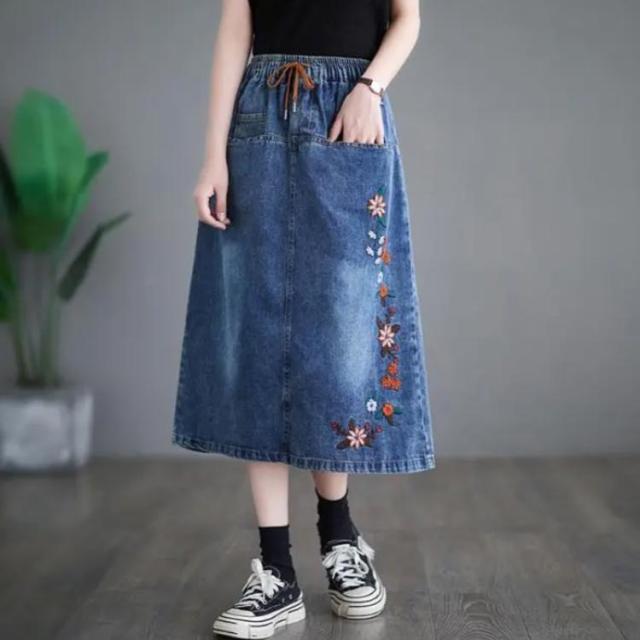 デニム ウエストゴム 刺繍 ロングスカート バックスリット