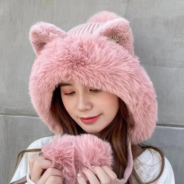 ニット帽 帽子 小顔効果 ボンボン 猫耳付き 耳あて付き 耳付き ニット