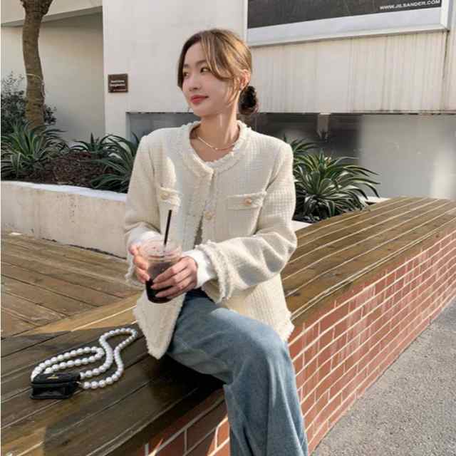 ポケット付き ショート丈 ノーカラー ジャケット レディース 春