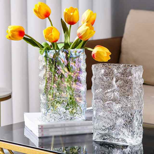 【色: グレー-24cm】ガラス フラワーベース 透明 花瓶 ガラス おしゃれ