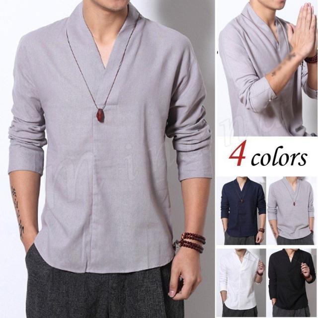 送料無料 メンズ シャツ リネン 麻混 綿麻 麻シャツ 長袖 白シャツ コットン トップス カットソー 無地 大きいサイズ 春服 夏服 新作の通販は 4,729円
