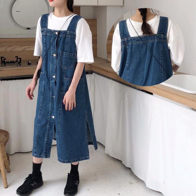 オーバーオールスカート レディース ロング ジャンパースカートデニム ミモレ丈 ボトムス フロントボタン スリット入り ポケット付き デイリー カジュ
