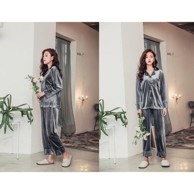 パジャマ レディース ルームウェア 長袖 長ズボン ロングパンツ 前開き ボタン 襟付き 光沢 ベロア調 くすみカラー 胸ポケット おしゃれ 高級感 パジャマ レディース ルームウェア 長袖 長ズボン ロングパンツ 前開き