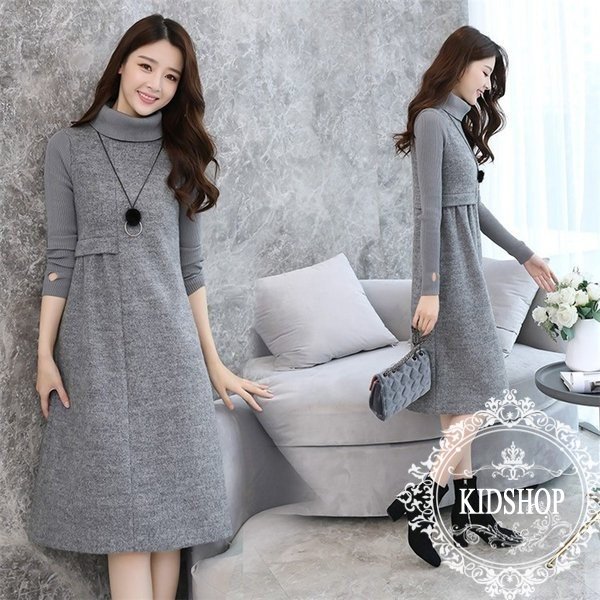 ワンピース レディース 秋 膝下丈 ワンピ 長袖 ハイネック 冬 ニット袖 チュニック 体型カバー 上品 切り替え 大人 ママワンピース 30代 40代 xd-aa-0106 ワンピース レディース 秋 膝下丈 ワンピ 長袖 ハイネック 冬 ニット袖