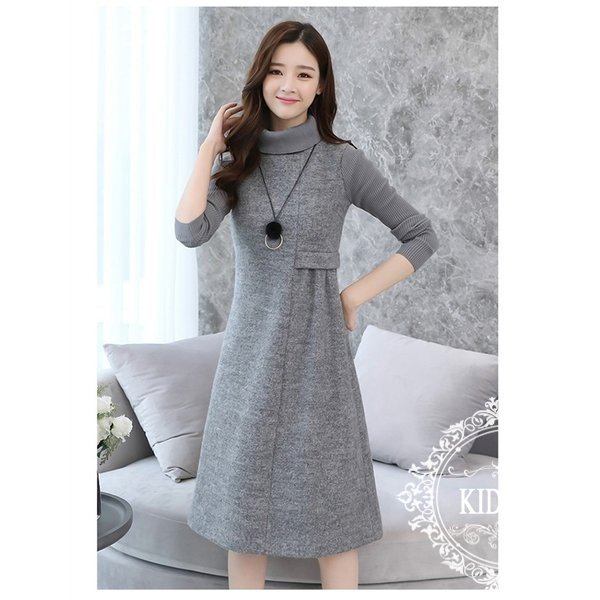 ワンピース レディース 秋 膝下丈 ワンピ 長袖 ハイネック 冬 ニット袖