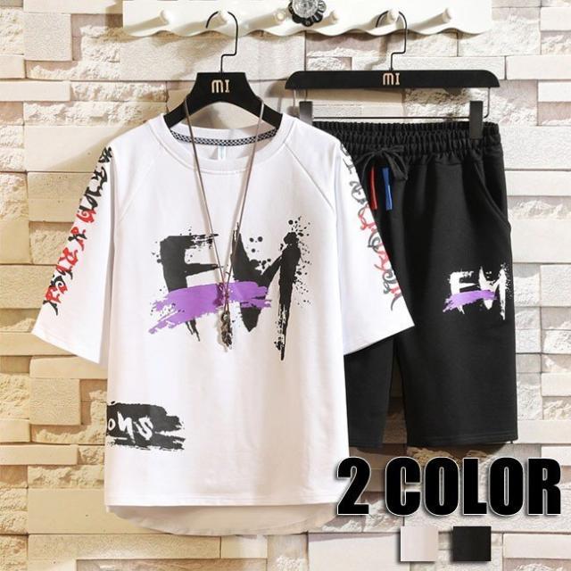 セットアップ メンズ 丸首 2点セット Tシャツ ハーフパンツ セットアップ 春夏 夏物 春物 上下セット 上下 ルームウェア スポーツウェア メンズ用 2色の通販は