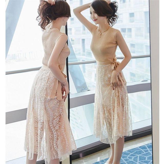 ワンピース レディース 春夏 ノースリープ レース 肩出しメリヤス 2点