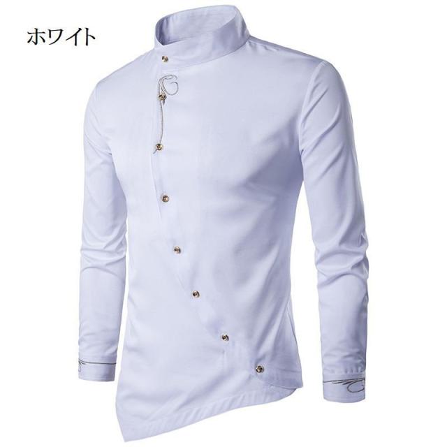 メンズ 金属装飾斜め前立て デザイン長袖 シャツ 2色 長袖 ワイシャツ 形態安定 綿100% ワイドカラー BASICBODY