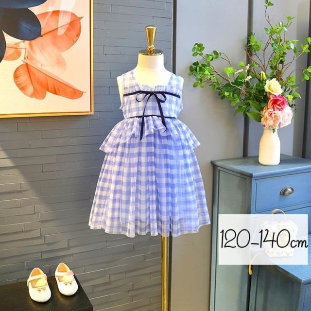 ワンピース ノースリーブ キッズ 子供 女子 女の子 小学生 フレア ギンガム チェック 格子 リボン 背中ファスナー ハイウエスト 薄手 夏 の通販はau Pay マーケット Doranika