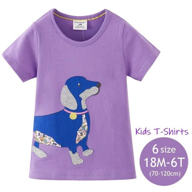 Tシャツ カットソー キッズ ベビー 女の子 男の子 子供用 トップス 子供服 半袖 ラウンドネック 丸首 アップリケ 犬 かわいい キュート カジュ