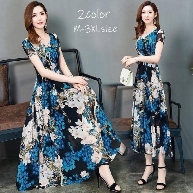 ワンピース レディース フレア 半袖 ラウンドネック ロング丈 マキシ シフォン 花柄 フラワー 大判 上品 おしゃれ エレガント お出かけ 女性用