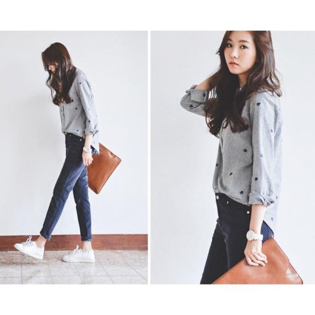 ノーカラーシャツ ストライプシャツ ブラウス 刺繍 長袖 レディース