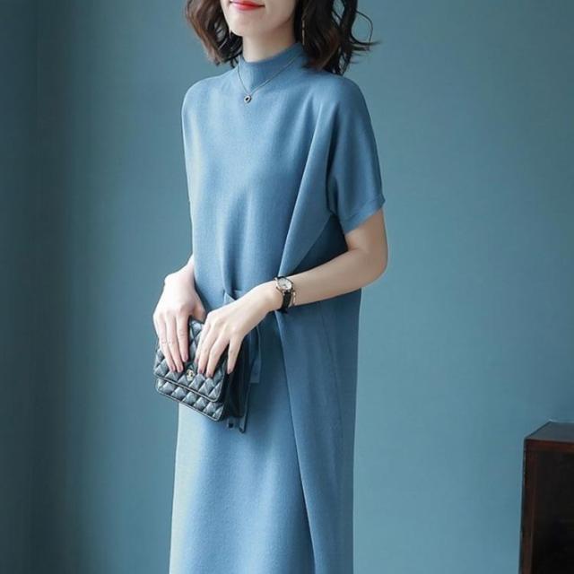 【美品】FOXEY サマーニットワンピース ベージュ 半袖 膝丈ワンピース 40 サマ-ニットワンピース(半袖、ロング丈) 美品】FOXEY サマーニット