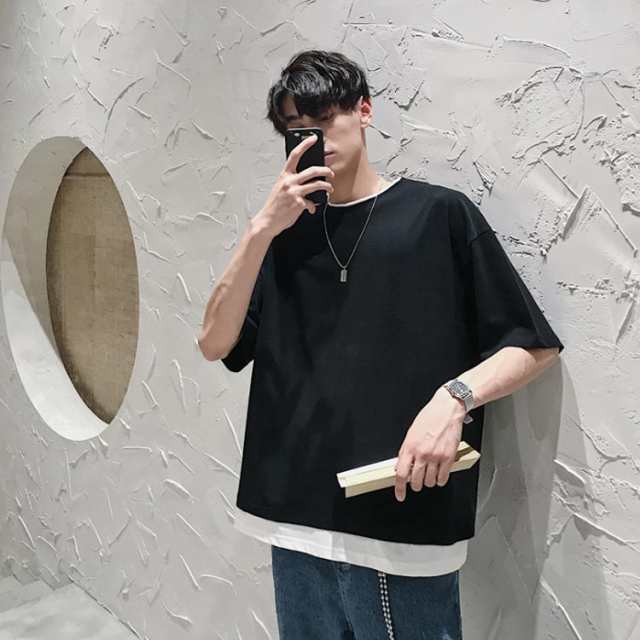 メンズ Tシャツ ビッグシルエット レイヤード 半袖 無地 トップス おしゃれ ビッグTシャツ 韓国服 おうちコーデ 夏物 ゆったり お洒落 カ