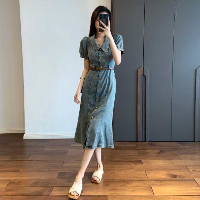 デニムワンピース マーメイドスカート レディース 夏 半袖 aライン ロング丈 ハイウエスト パフスリーブ レトロ きれいめ おしゃれ 着?せ カジュアル 低身長の通販は 5,975円
