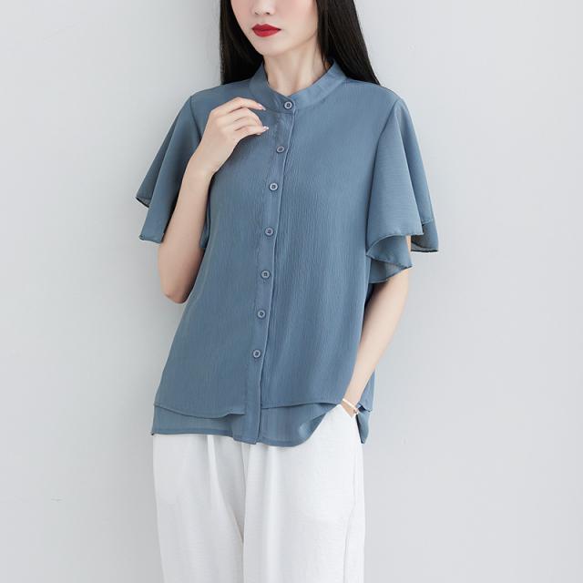 夏服 フレアスリーブ シャツブラウス レディース 大きサイズ