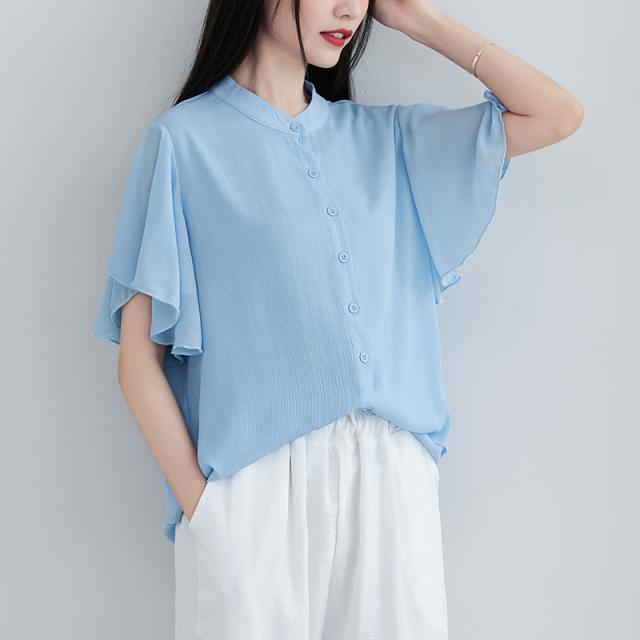 夏服 フレアスリーブ シャツブラウス レディース 大きサイズ