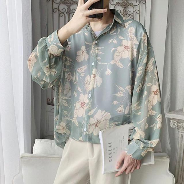 シャツ メンズ 総柄シャツ プリント 大きいサイズ 長袖 ドレープ