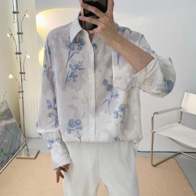 シャツ メンズ 総柄シャツ プリント 大きいサイズ 長袖 ドレープ