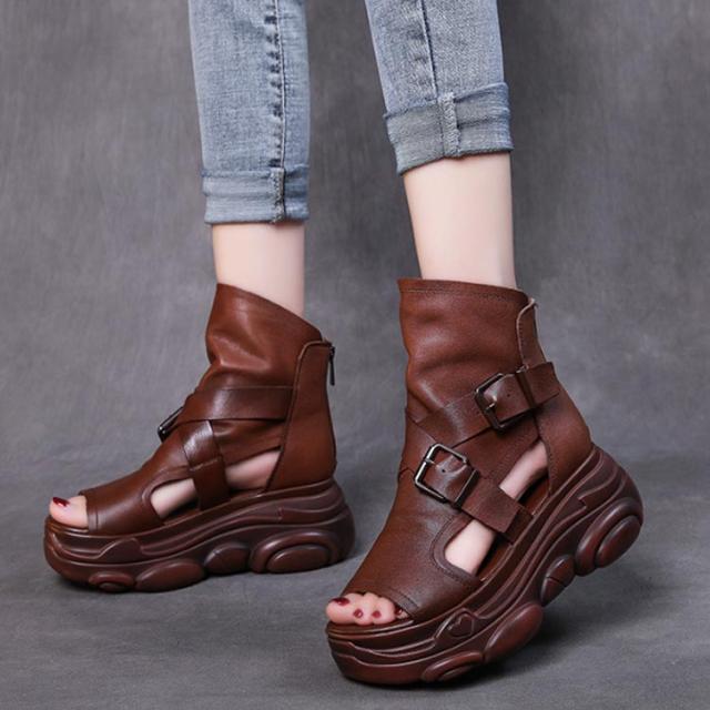 サンダル レディース ブーツサンダル ハイカット 厚底 7cm 本革 サマーブーツ オープントゥ バックファスナー レザーサンダル 牛革 厚底サンダル 軽量 夏ブーツ 疲れにくい 痛くない 歩きやすい カジュアル おしゃれ クロスベルト サンダル レディース ブーツサンダル ハイカット 厚底 7cm 本革 サマー