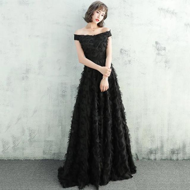 黒 オフショルダー フェザー ウェディングドレス 二次会 ワンピース フェザー カラードレス オフショルダー 花嫁ドレス
