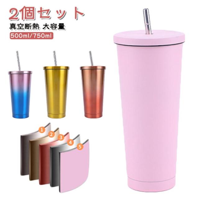 ストロー 750ml おしゃれ 2個セット 蓋つき タンブラー 500ml ストローボトル マグボトル 保温 保冷 2個セット 水筒 コーヒーカップ おしゃれ ステンレス 子供 大人 ステンレスタンブラー オフィス デスクワーク プレゼント