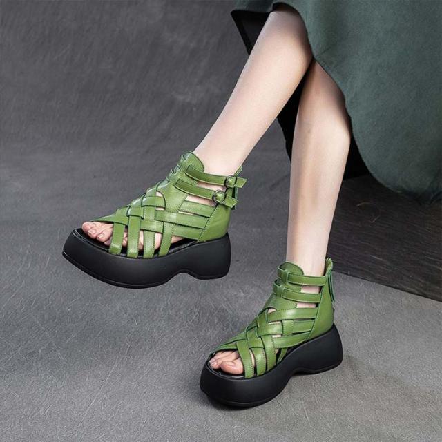 ブーツサンダル 厚底サンダル 本革 牛革 グラディエーターサンダル 6cm 6センチ 厚底 23.0cm オープントゥ バックジップ 歩きやすい 美脚サンダル サマーブーツ 編み込み 22.5cm レディース 23.5cm 24.0cm 24.5cm