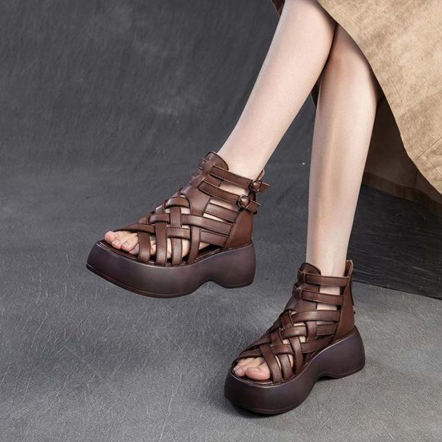 ブーツサンダル 厚底サンダル 本革 牛革 グラディエーターサンダル 6cm 6センチ 厚底 23.0cm オープントゥ バックジップ 歩きやすい 美脚サンダル サマーブーツ 編み込み 22.5cm レディース 23.5cm 24.0cm 24.5cm