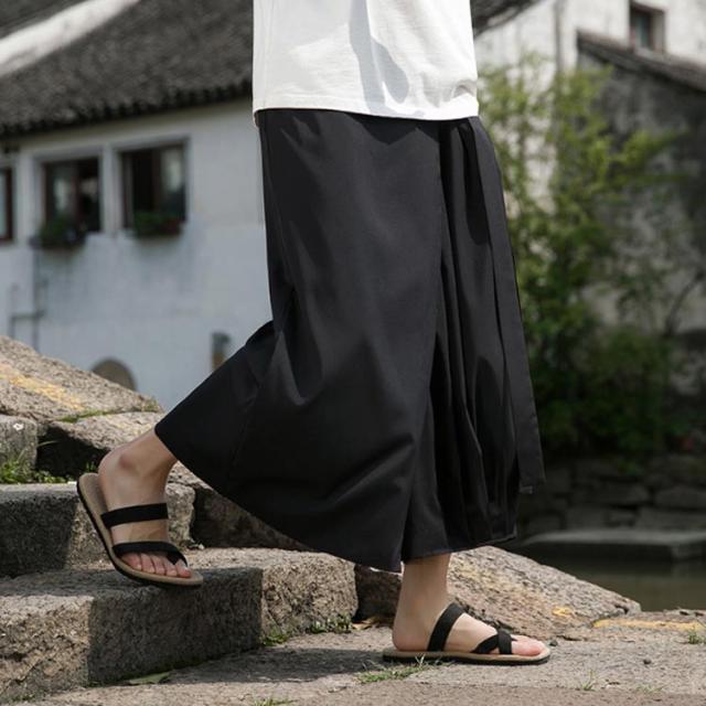 アシンメトリー 袴パンツ メンズ 和風 モノクロ 巻きスカート ワイドパンツ 九分丈 ウエストゴム アシメ ガウチョ モード系 クロップドパンツ オールブラック スカンツ モノトーン 黒 シン